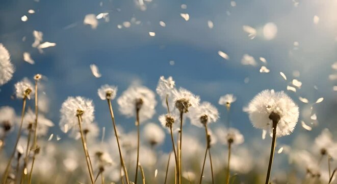 Dandelion Seeds Blown by the Wind in Summer Nature