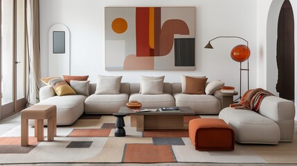 Geometric patterns in muted tones adding sophistication to a minimalist living room