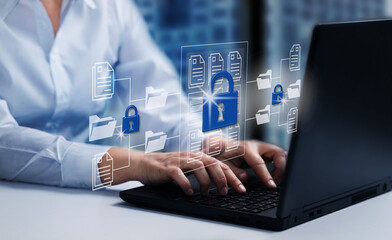  Online documentation database; AI document management system DMS concept.  FTP (File Transfer Protocol), Secure FTP. Internet cloud technology, exchange information and data storage concept.