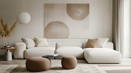 Fototapeta na wymiar Geometric patterns in muted tones adding sophistication to a minimalist living room