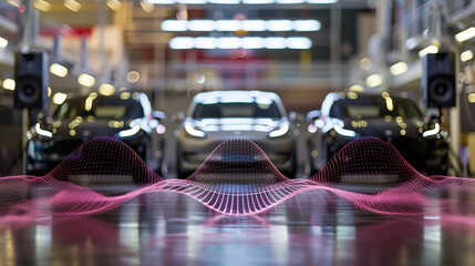 Cars parked at a motor show, and polka dotted mesh waves in front, background image about vehicles, automobile industry, automobile manufacturing and motor show
