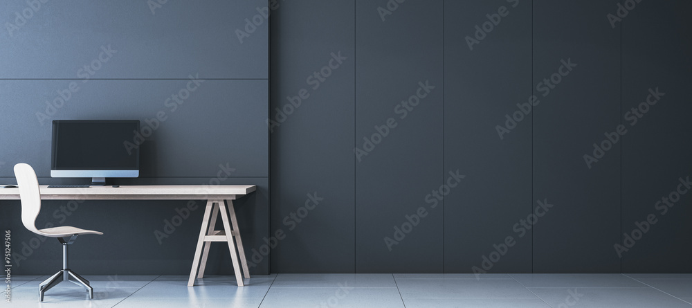 Poster Wide minimalistic black interior with workplace and computer monitor, mock up place on wall. 3D Rendering.