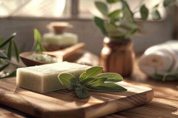 Homemade handmade sage soap with elements of green sage next to it on a beautiful stylized background
 - obrazy, fototapety, plakaty