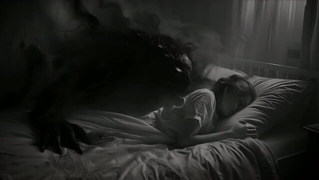 A child sleeps, a ghost, a demon, are next to the bed.