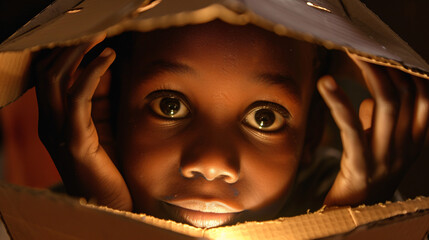 A close-up portrait of a young child with bright eyes and a mischievous grin, lost in a world of imagination