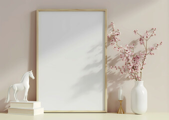 Mockup Poster frame replica with vase of flowers, books and horse models, 3D renders