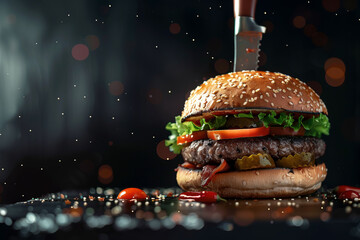 Beautiful dark background with tasty beef burger with tomato, cheese, cucumber and bacon cut with a knife with salt and pepper elements around with space for text or inscriptions

