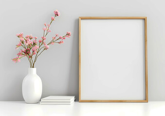 Mockup photo frame on gray wall, with home backgrounds, 3D renders