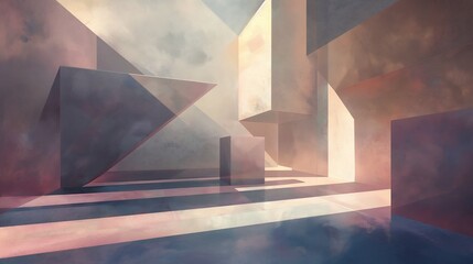 Geometric shapes suspended in mid-air, casting intricate shadows on a canvas of muted and pastel tones, creating a tranquil atmosphere.