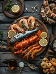 Seafood table with shrimp, lobster, lemon y and sauce elements on cutting board and wooden table, top view
