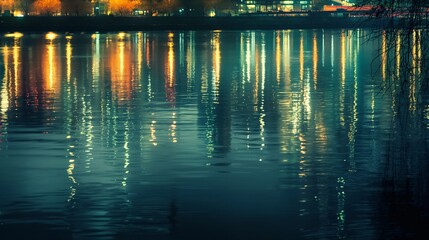 Glowing city lights reflected on the surface of a calm river.