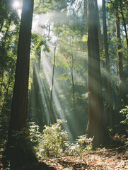 Obraz premium sunlight filtering through the leaves of tall giant trees in a dense forest
