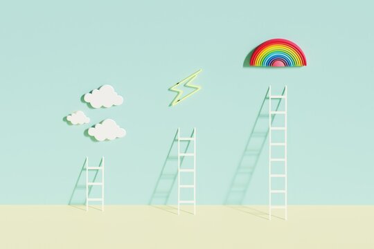 3d rendering of Staircase, Rainbow, Lightning and Cloud.