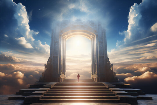 Person stands before an ethereal celestial gate amid clouds with a radiant sunrise