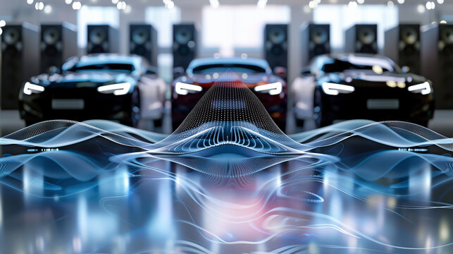 Cars parked at a motor show, and polka dotted mesh waves in front, background image about vehicles, automobile industry, automobile manufacturing and motor show