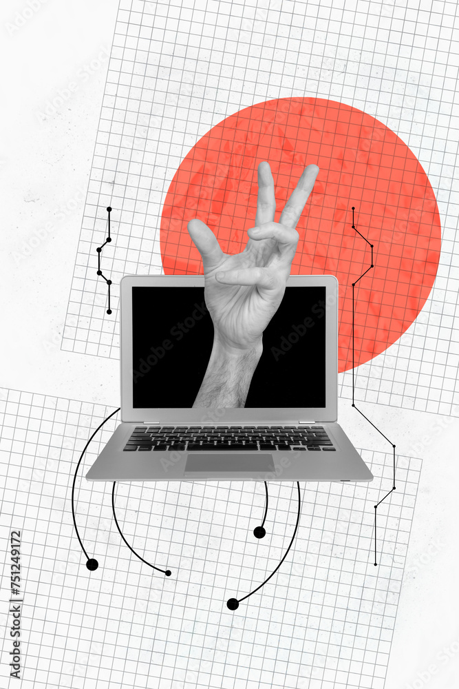 Fototapete collage 3d image of pinup pop retro sketch of hand grab catch netbook internet connect deadline dang