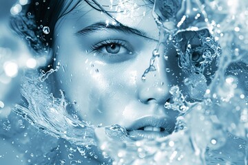 a woman with water splashing around her face