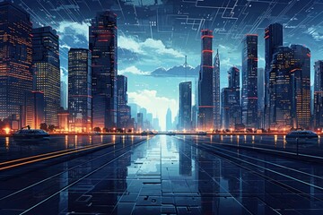 Futuristic cityscape with skyscrapers made of tech panels, Digital world metaverse technology, A modern and futuristic city made of glass,  Ai generated