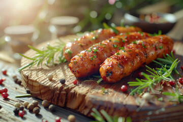 Grilled sausages on a beautiful round board with elements of green rosemary and colored peppercorns
