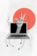 Collage 3d image of pinup pop retro sketch of hand grab catch netbook internet connect deadline danger weird freak bizarre unusual fantasy