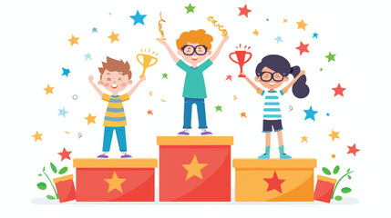 Children winning prizes and standing on podium. vector illustration