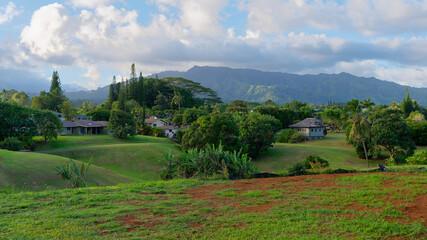 Houses and landscape at Wailua Complex on the east side of the island of Kauai along the Wailua River, Hawaii, USA