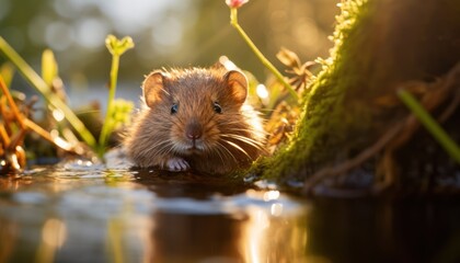 A European Water Vole is captured in its natural habitat, looking directly at the camera while in the water