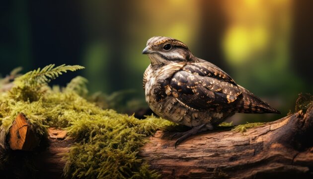 A small European Nightjar bird is perched on top of a tree branch. The bird is resting and observing its surroundings in its natural habitat