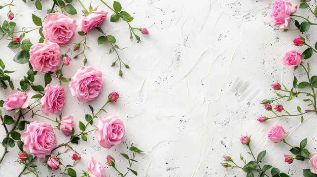 Spring or summer flowers, floral pattern. Pink roses flowers on white concrete background. Flat lay, top view