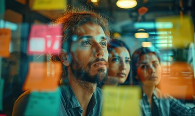Obraz premium Dynamic team brainstorming in modern office setting with sticky notes on glass wall