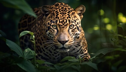 A sizeable Jaguar confidently strides through a thick, verdant forest. The majestic feline moves stealthily among lush foliage, showcasing its powerful and agile movements in its natural habitat