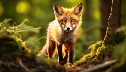 Naklejka na ściany i meble A red fox is standing in a dense forest, its eyes locked on the camera in front of it. The fox appears alert and curious, with its reddish fur blending into the forest backdrop