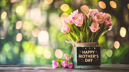 Bouquet of tulips in a vase and the inscription Happy Mother's Day