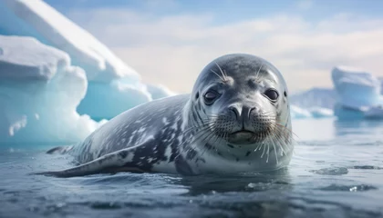 Poster Im Rahmen A Weddell seal is seen swimming in the water, surrounded by towering icebergs in the background. The seal gracefully maneuvers through the chilly waters, showcasing its natural habitat in Antarctica © Anna