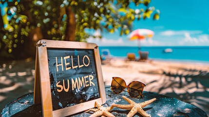 Hello Summer text on chalkboard with starfish and sunglasses on sandy beach