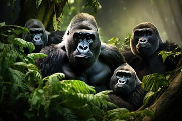 A group of gorillas in their natural rainforest habitat, Close up portrait of cute endangered primate generated by AI - obrazy, fototapety, plakaty