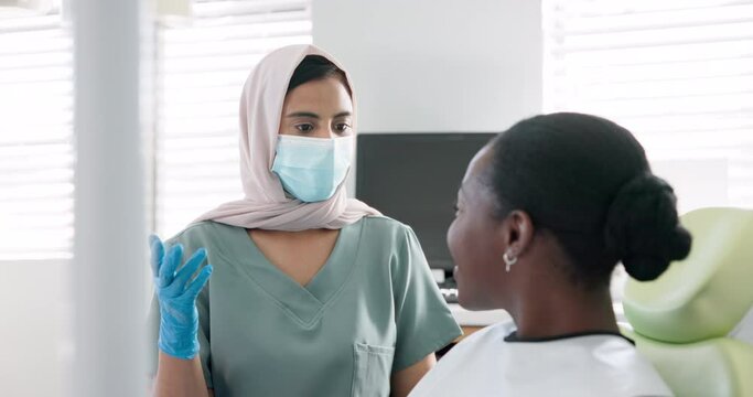 Muslim woman, dentist and patient with consultation for dental care, teeth cleaning or treatment at clinic. Young female person or orthodontist consulting customer for oral, gum or tooth whitening