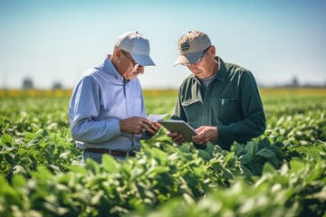 Naklejka na ściany i meble Two farmers in a field examining soy crop