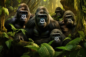 A group of gorillas in their natural rainforest habitat. A group of gorillas in their natural rainforest habitat, Close up portrait of cute endangered primate generated by AI - obrazy, fototapety, plakaty