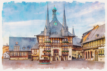 Medieval half-timbered houses in the central part of Wernigerode, Saxony-Anhalt, Germany. Watercolor painting.