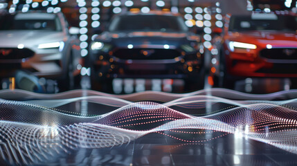 Cars parked at a motor show, and polka dotted mesh waves in front, background image about vehicles,...