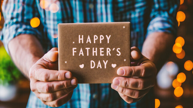 Man holding a card with the text Happy Father's Day in his hands.