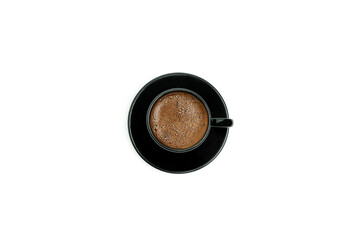 Turkish coffee in black cup on white background