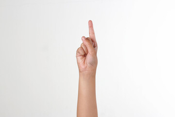 Raised hand showing number 1, isolated white background