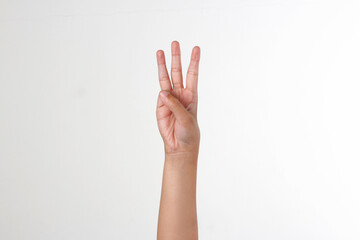 Raised hand showing number 3, isolated white background