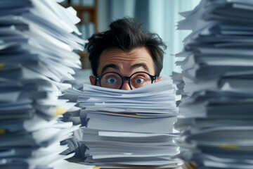 Portrait of a surprised tired man with glasses in an office crowded with a pile of documents, the motif of a large influx of work,I can't cope with working in an office, Lots of documents on the desk
