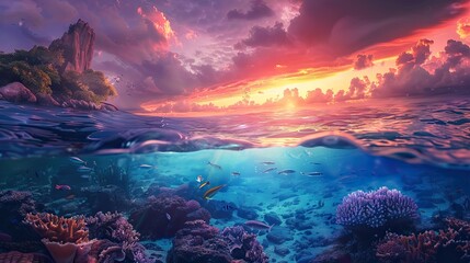 Long banner with underwater world and vivid sunset sky. Transparent deep water of the ocean or sea...