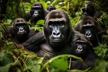 Closeup of a family group of mountain gorillas. A group of gorillas in their natural rainforest habitat, Close up portrait of cute endangered primate generated by AI - obrazy, fototapety, plakaty