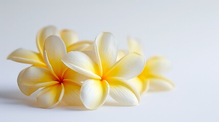 Close-up view of several blooming frangipani plumeria flowers on white background, copy space for text.