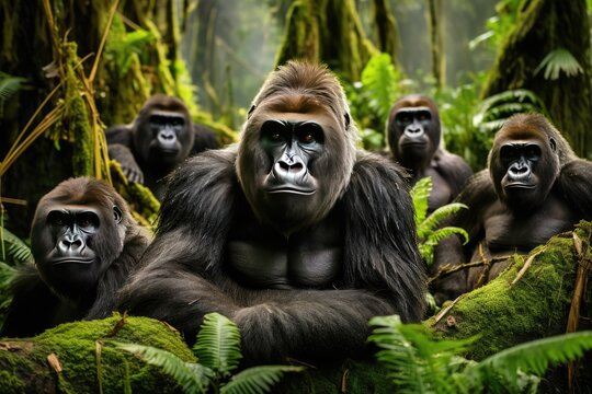 Closeup of a family group of mountain gorillas. A group of gorillas in their natural rainforest habitat, Close up portrait of cute endangered primate generated by AI